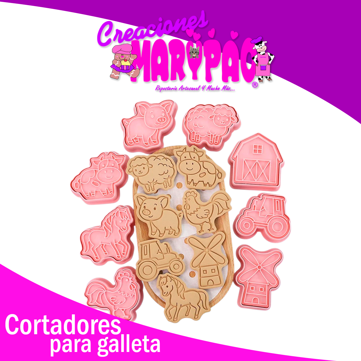 🐷Cortadores de Galletas Texturizadores – Animales Granja (8 piezas) 🍪