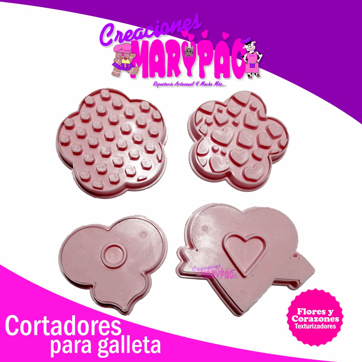 Cortadores De Galletas Flores Y Corazones Texturizadores - Creaciones Marypao