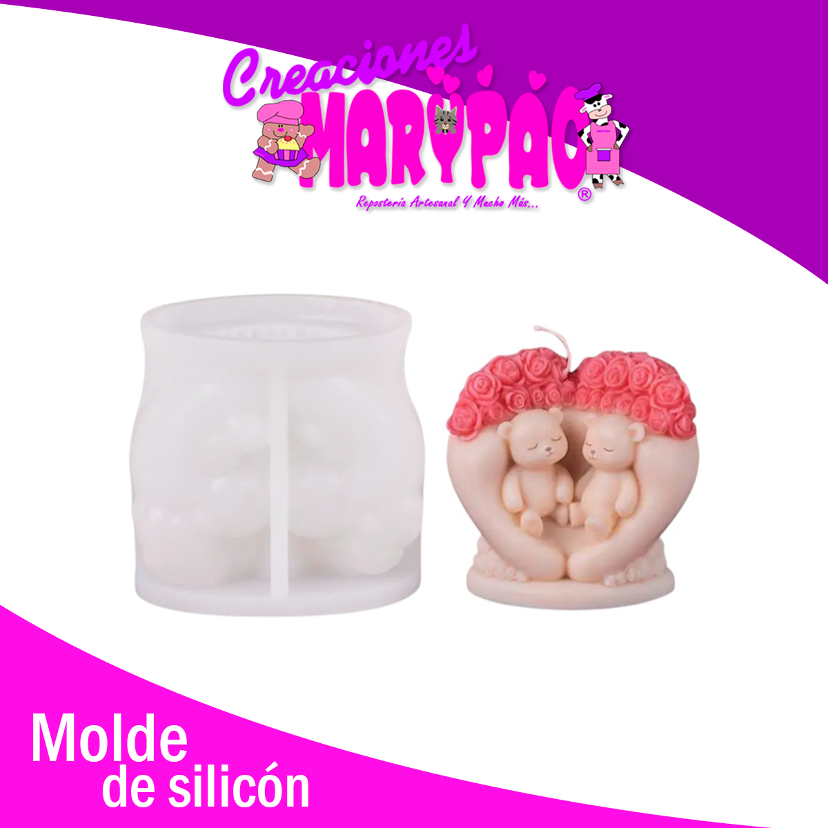 Molde de Silicón – Pareja de Ositos en Corazón con Rosas 🐻❤️🌹