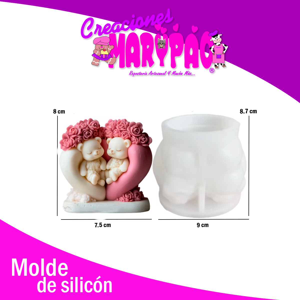 Molde de Silicón – Pareja de Ositos en Corazón con Rosas 🐻❤️🌹