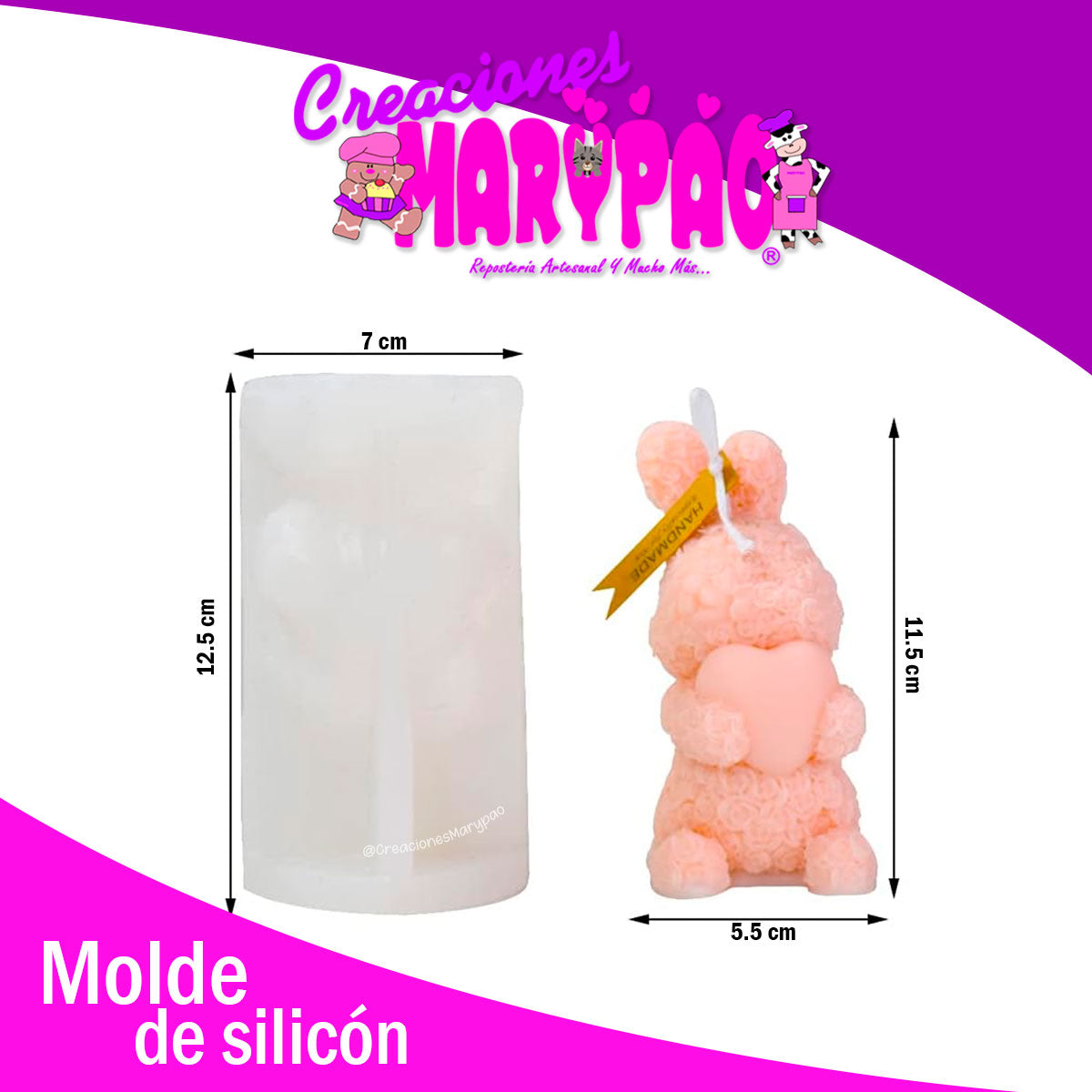 Molde De Silicón Velas Conejito Bouquet Rosas y Corazón 11 Cm