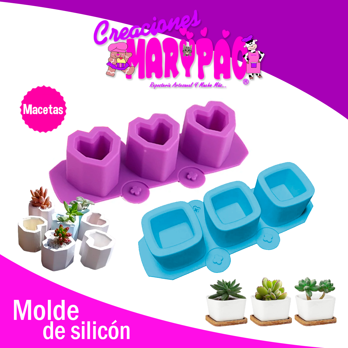 Molde De Silicón Macetas Corazón Y Cuadrada Pack Suculentas
