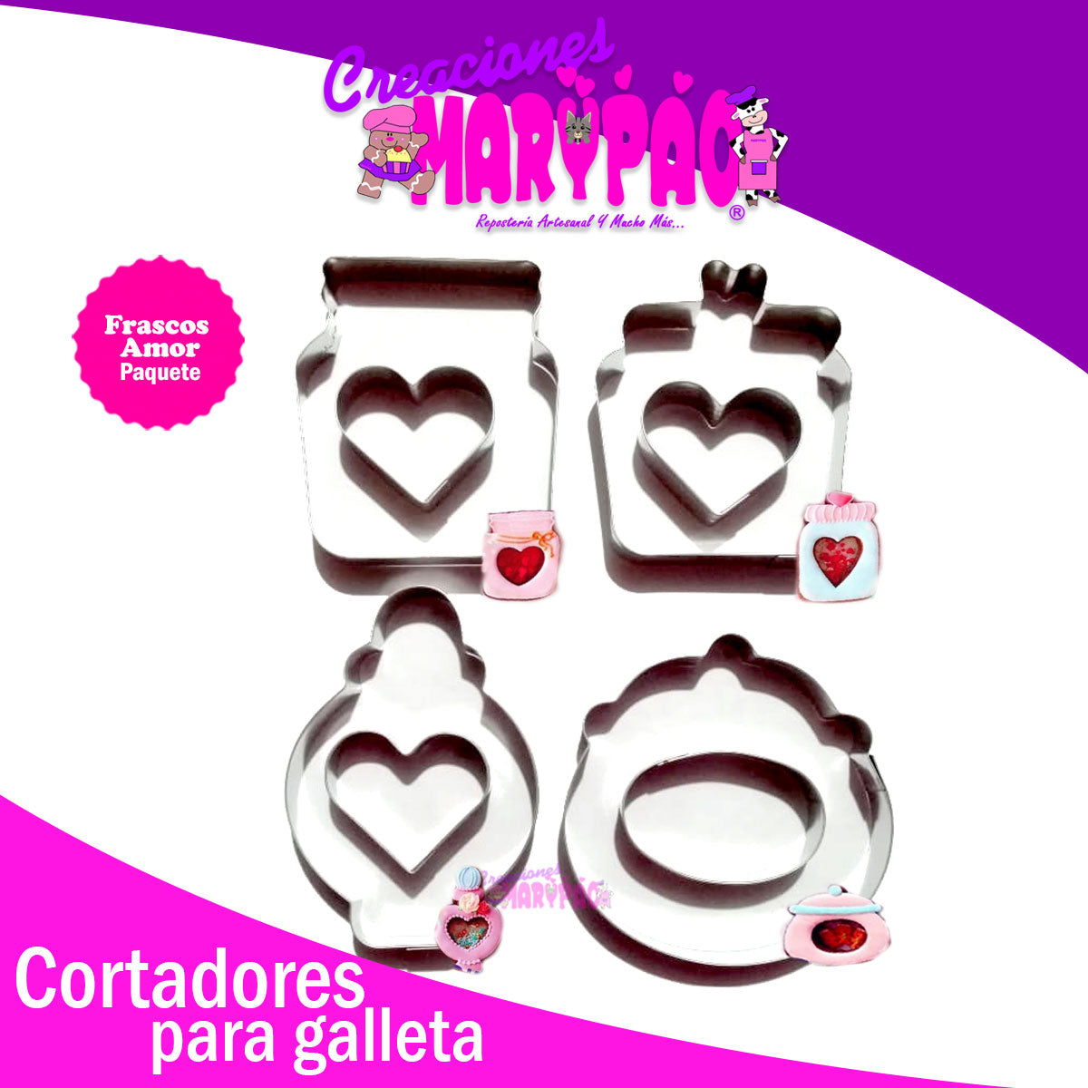 Cortadores Para Galletas Mason Jars Amor Frascos Corazones