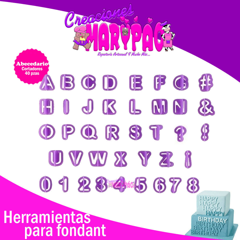Cortadores Abecedario Letras Números Signos Fondant 40 pzas - Creaciones Marypao