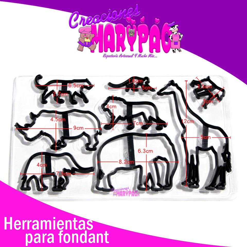 Cortadores Animales Safari Elefante Jirafa Mono Fondant 8 pzas - Creaciones Marypao