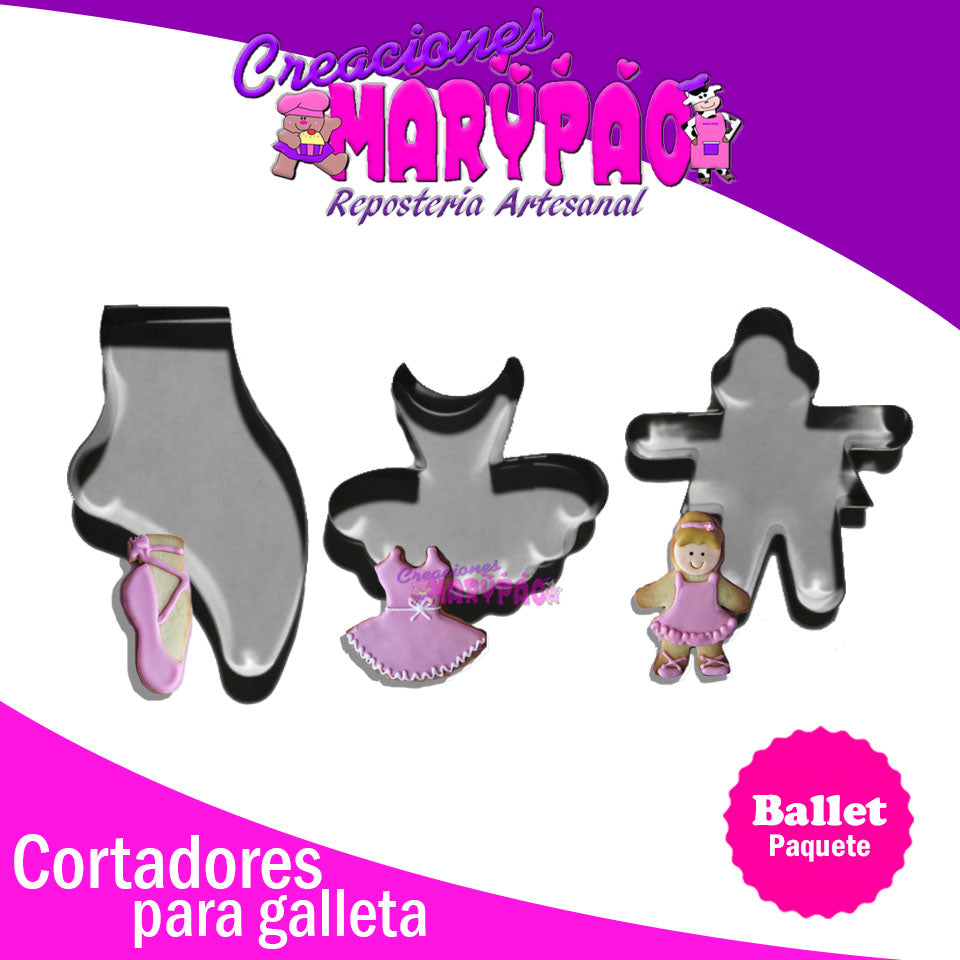 Cortadores Ballet Zapatilla Bailarina Galletas Paq 3 Pzas - Creaciones Marypao