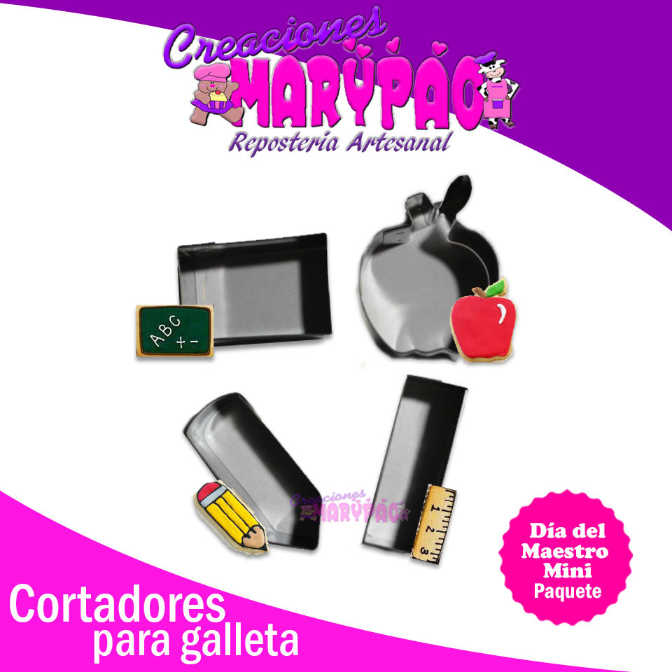 Cortadores Galletas Día Del Maestro Manzana Lápiz Mini 4 Pzas - Creaciones Marypao