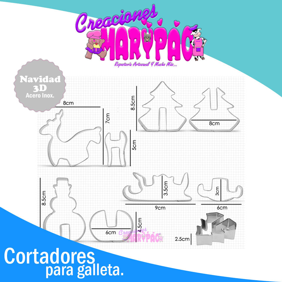 Cortadores Galletas Navidad 3D Pino Trineo Reno Muñeco Nieve - Creaciones Marypao