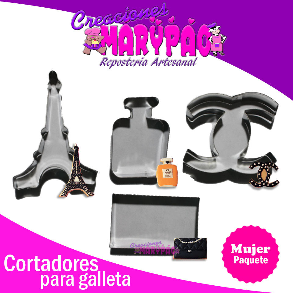Cortadores Galletas Perfume Bolsa Torre Eiffel Mujer 4 Pzas - Creaciones Marypao