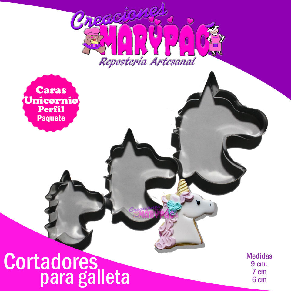 Cortadores Unicornio Cara Unicornios Galletas Paq. 3 Pzas - Creaciones Marypao