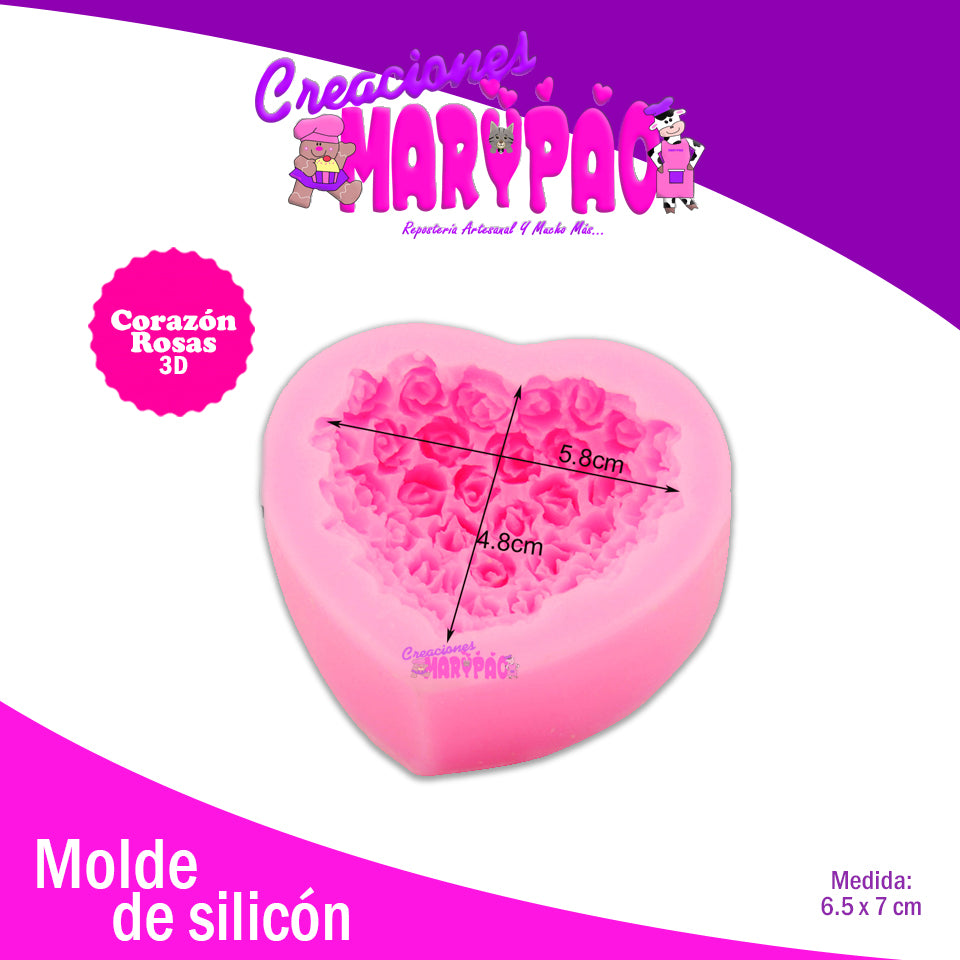 Molde Silicón Corazón Con Rosas 3D - Creaciones Marypao