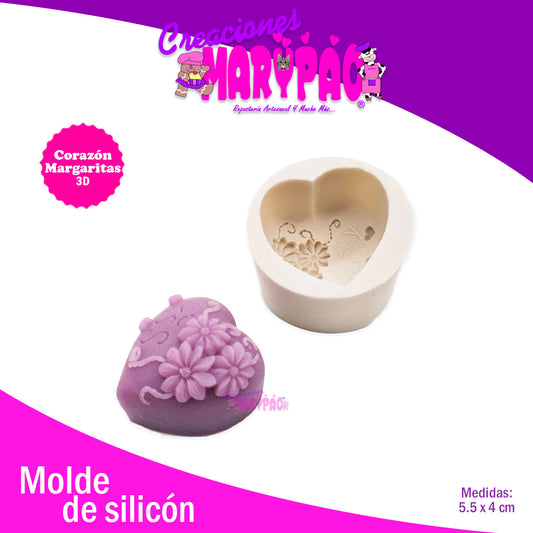Molde De Silicón Corazón Con Margaritas 3D