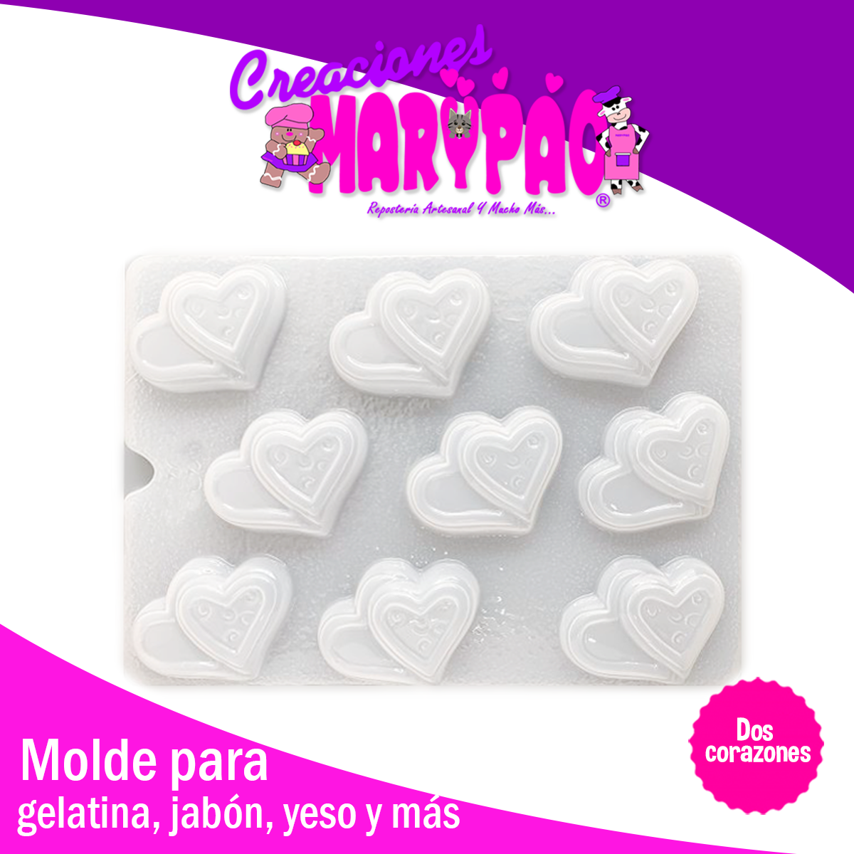 Molde Dos Corazones Jabones Gelatinas Gomitas