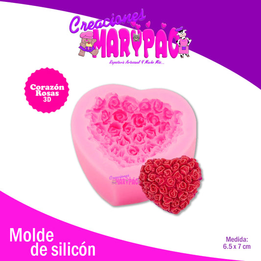 Molde Silicón Corazón Con Rosas 3D - Creaciones Marypao