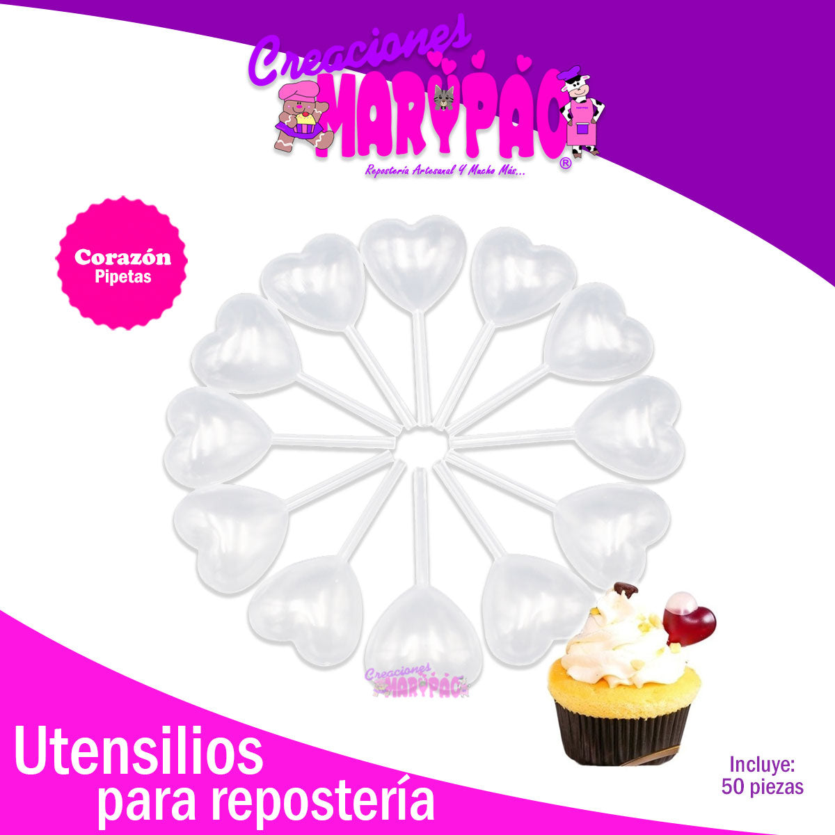 Pipetas De Corazón Para Postres Cupcakes Candybar 50 piezas