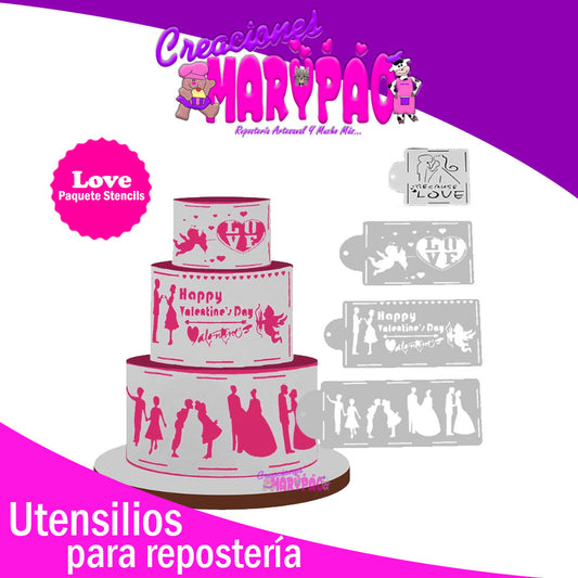 Stencils Amor 14 De Febrero Pasteles Paq. 4 pzas - Creaciones Marypao