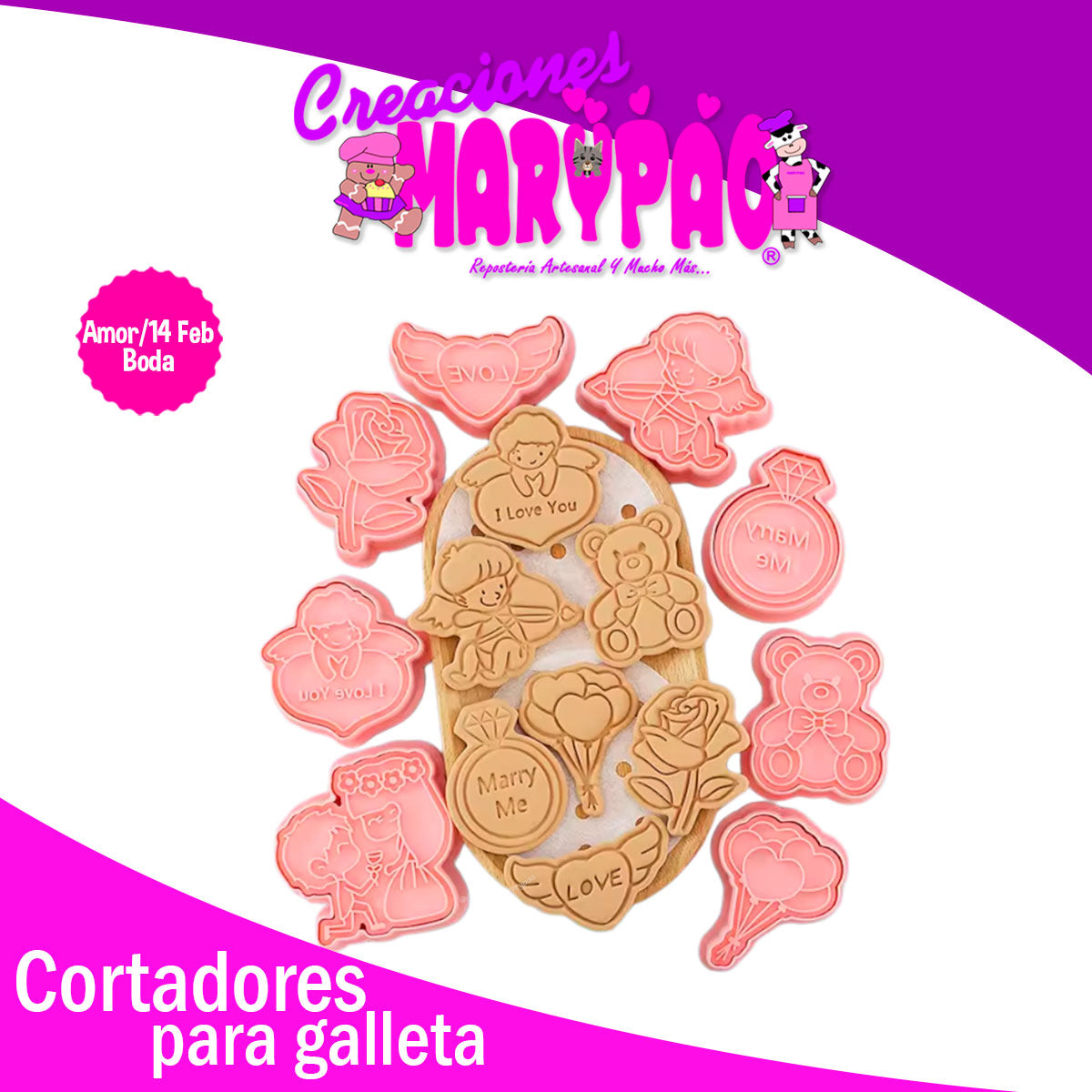 Cortadores De Galletas Febrero Boda Amor Texturizadores 8pza