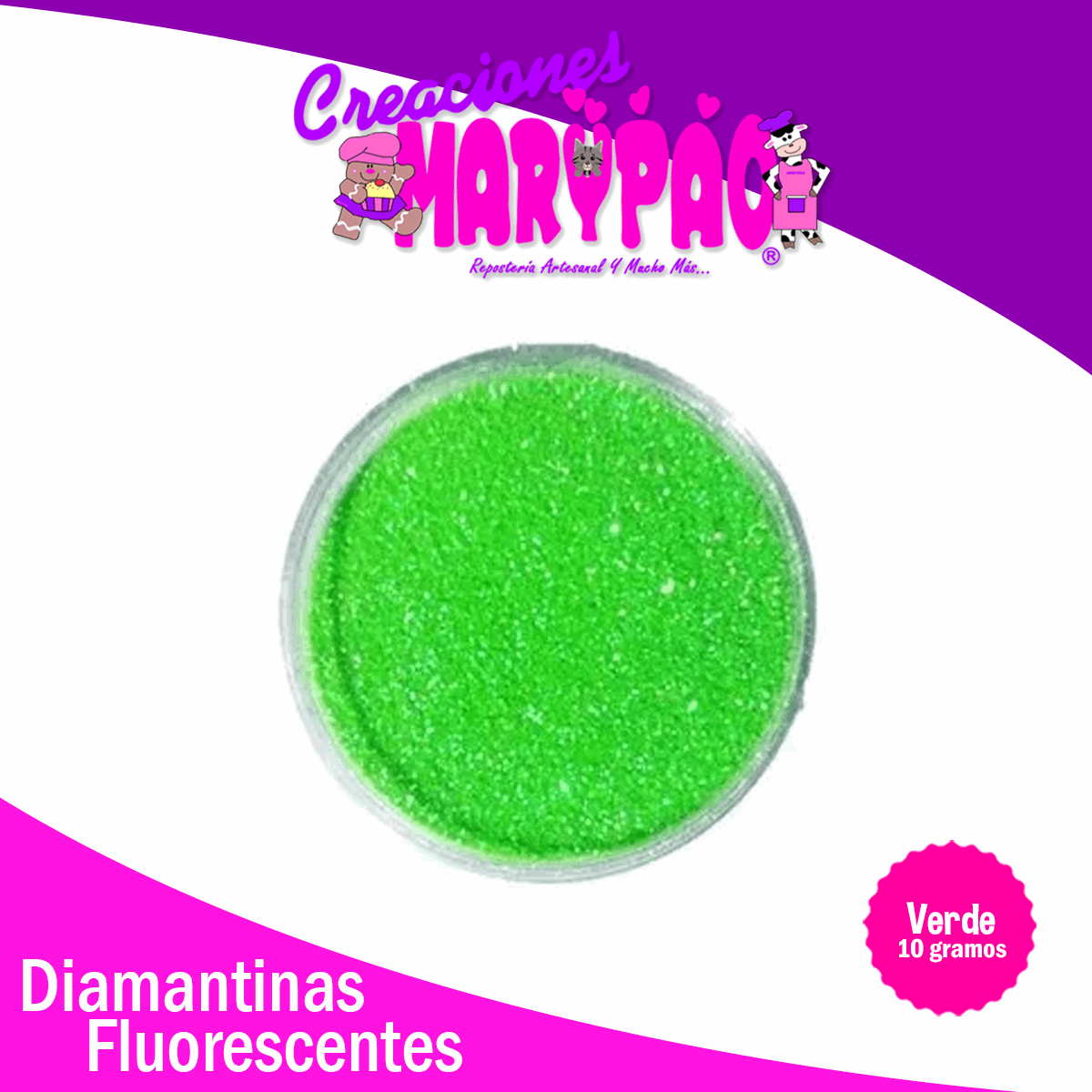 Diamantina Comestible Verde Fluorescente 10 gramos