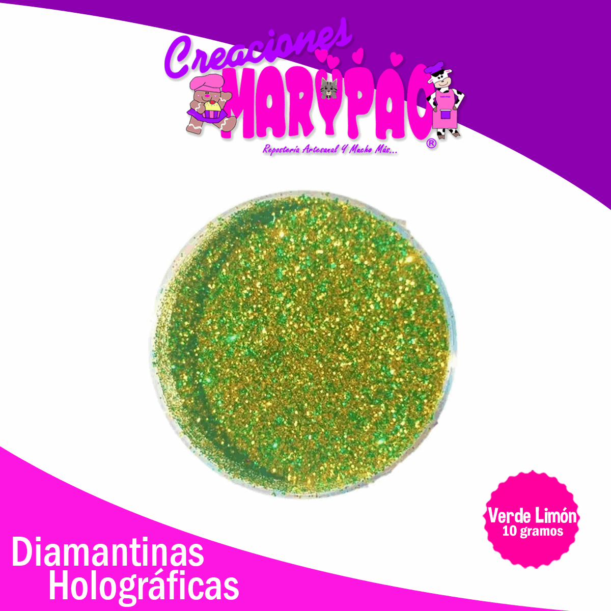 Diamantina Comestible Holográfica Verde Limón 10 gramos