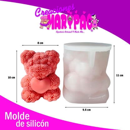 Molde De Silicón Velas Osito Bouquet Rosas y Corazón 10 Cm