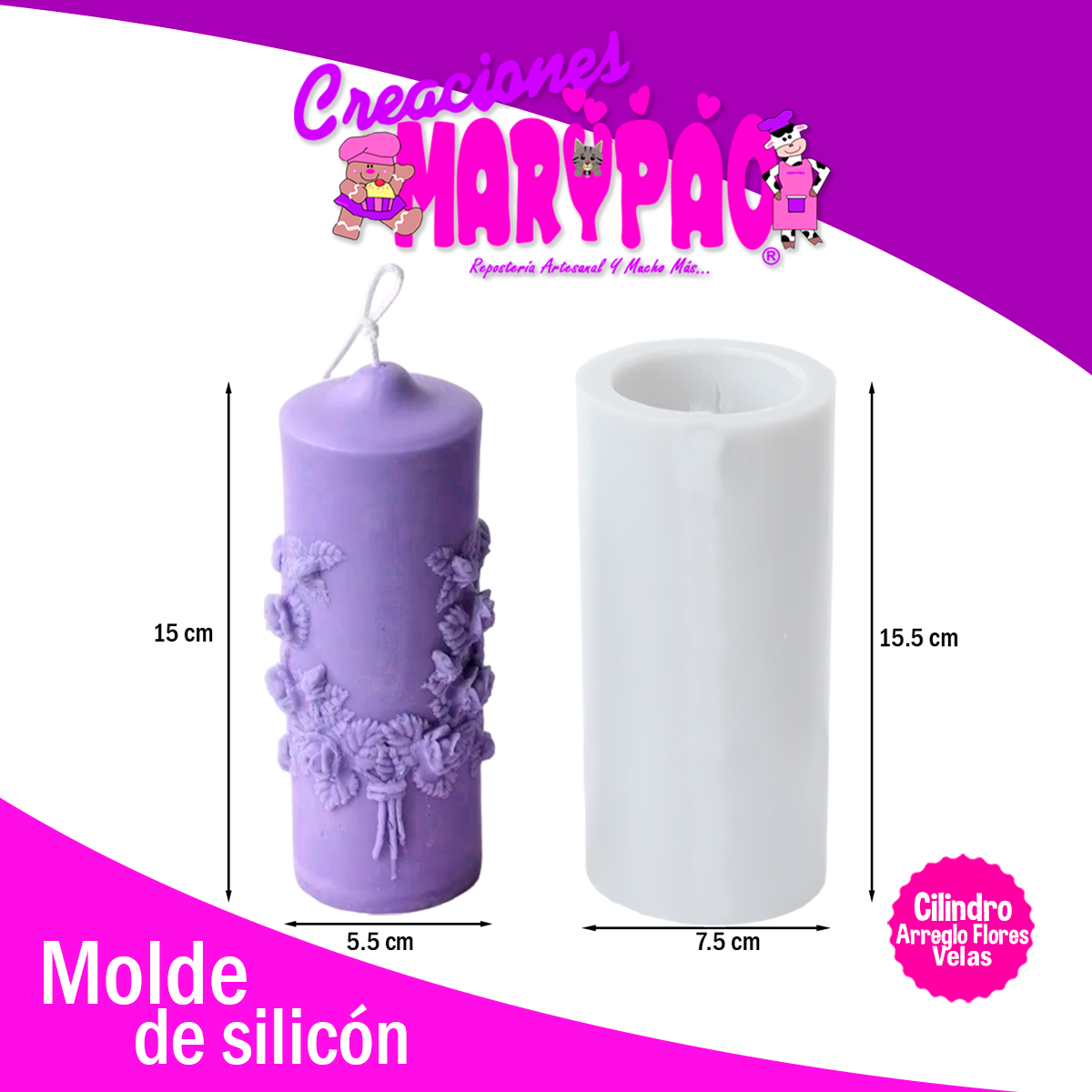 Molde De Silicón Para Velas Cilindro Diseño Floral