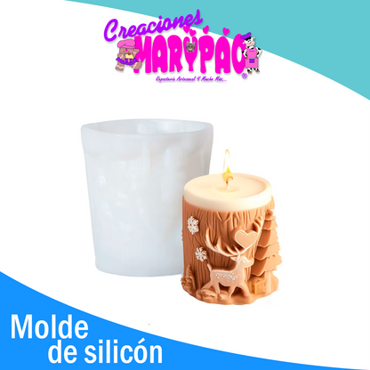 Molde De Silicón Velas Navidad Tronco con Pino y Reno