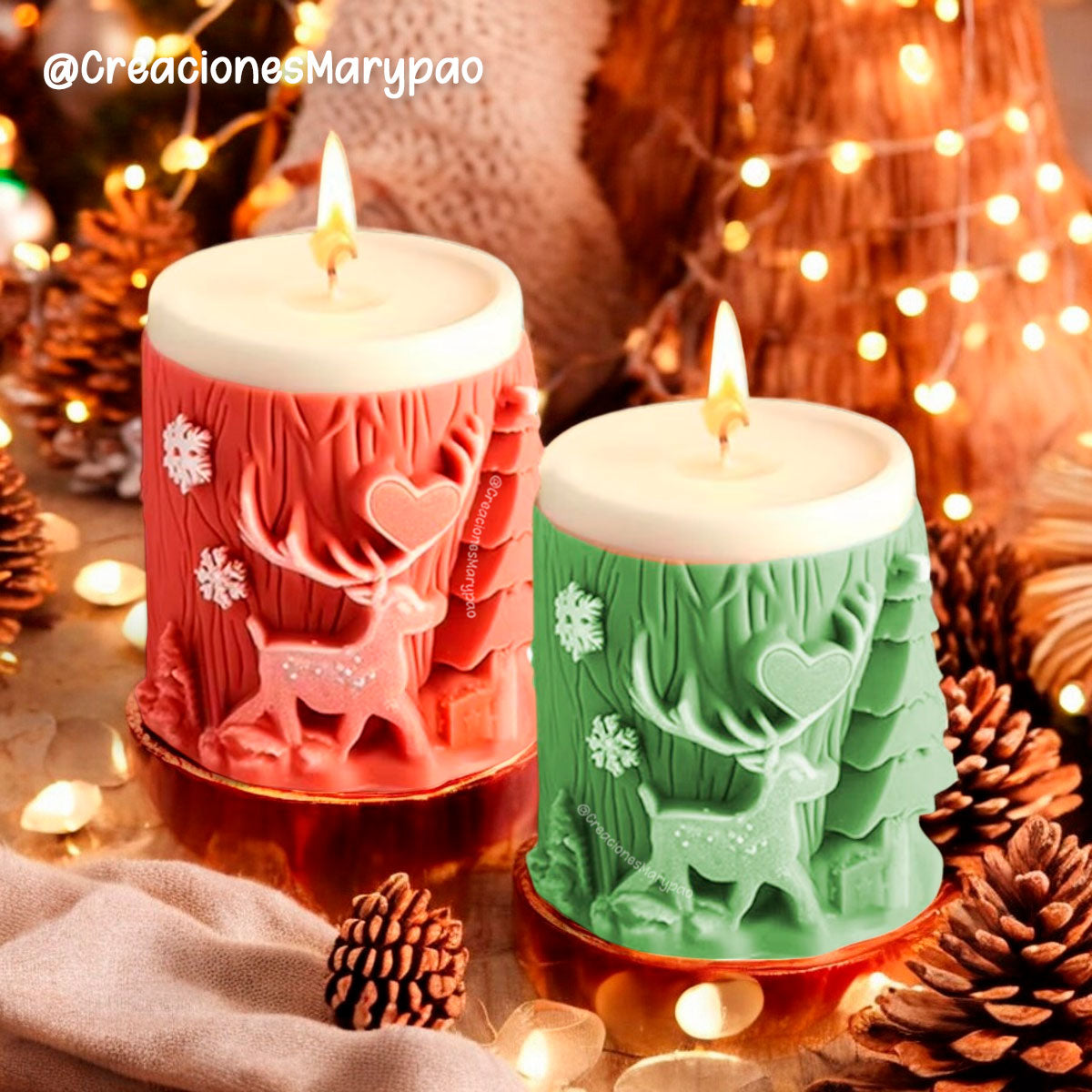 Molde De Silicón Velas Navidad Tronco con Pino y Reno