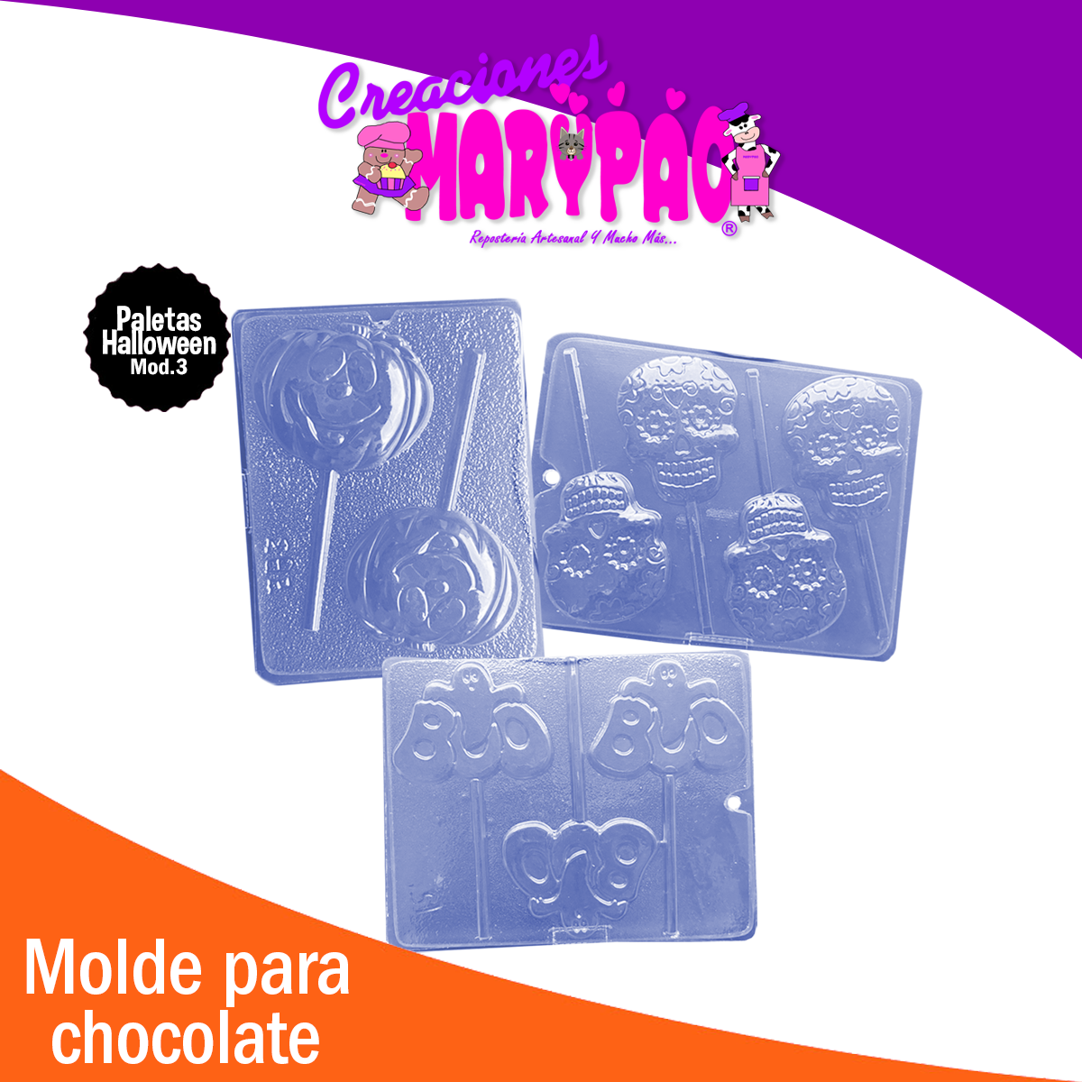 Moldes Paletas de Chocolate Halloween: Calaveras, Calabaza y Fantasma Mod.3