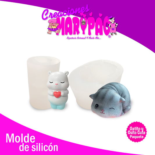 Moldes De Silicón Gatito y Osito Paquete Cute Velas Yeso