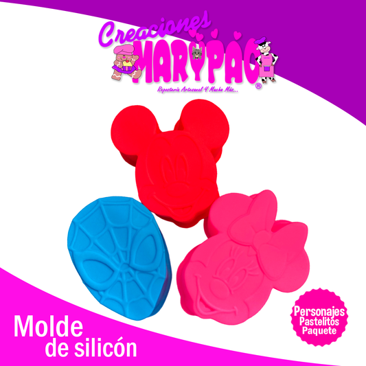 Moldes De Silicón Personajes Mickey, Minnie y Spideraman Paquete Pastelitos