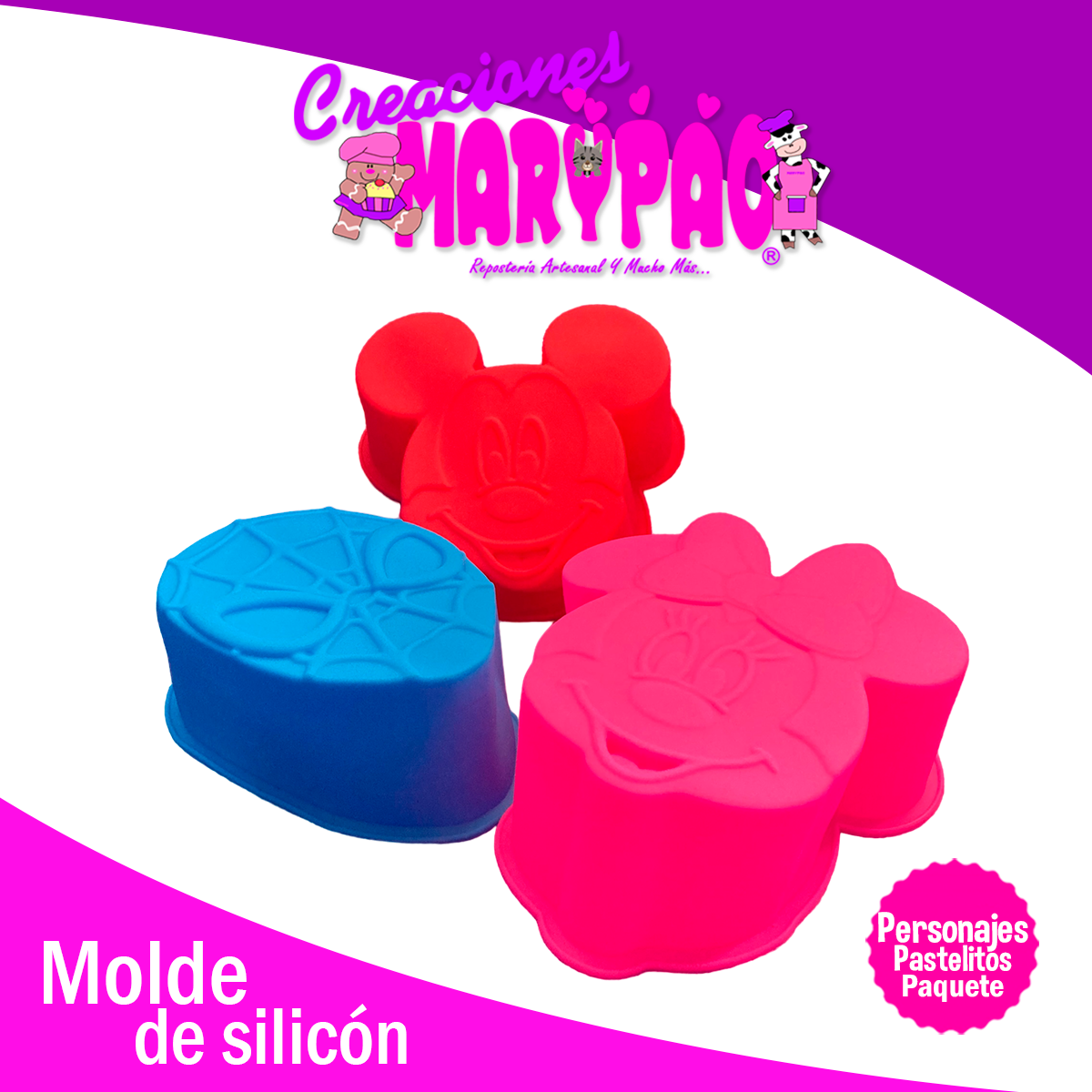 Moldes De Silicón Personajes Mickey, Minnie y Spideraman Paquete Pastelitos