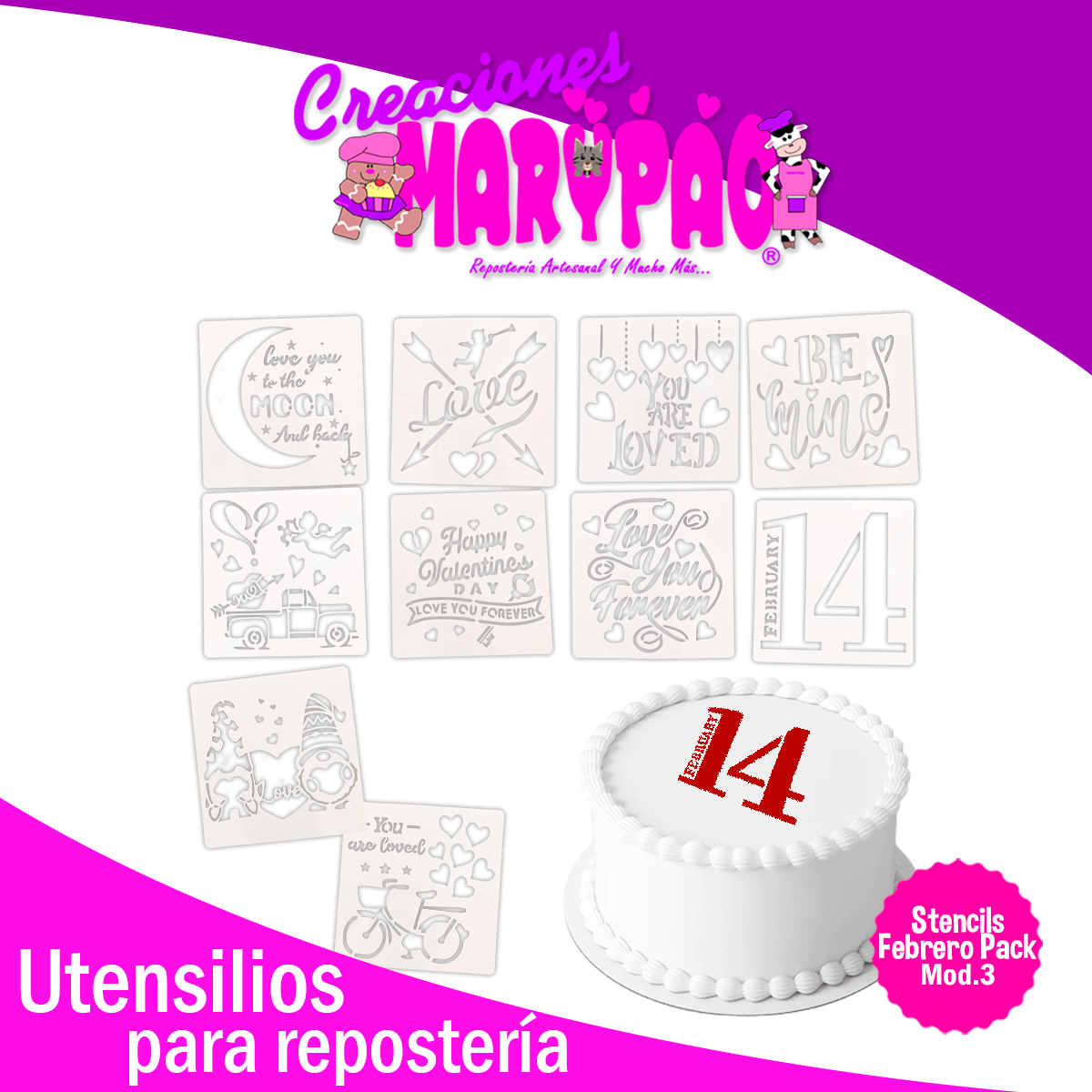 Stencils 14 de Febrero San Valentín Plantillas Para Decorar Pasteles Mod.3