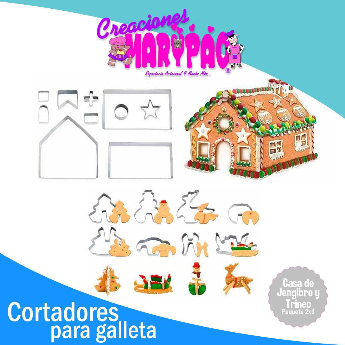 Cortadores Galletas Navidad Casa De Jengibre y Trineo 3D - 2x1