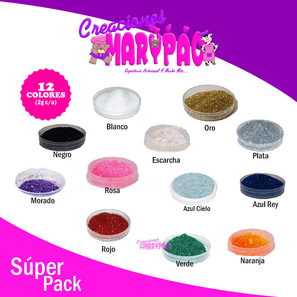 Súper Pack Diamantinas Comestibles 12 Colores - Creaciones Marypao