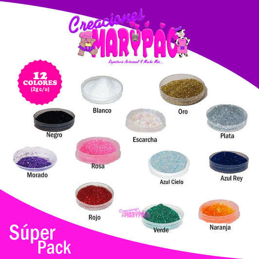 Súper Pack Diamantinas Comestibles 12 Colores - Creaciones Marypao