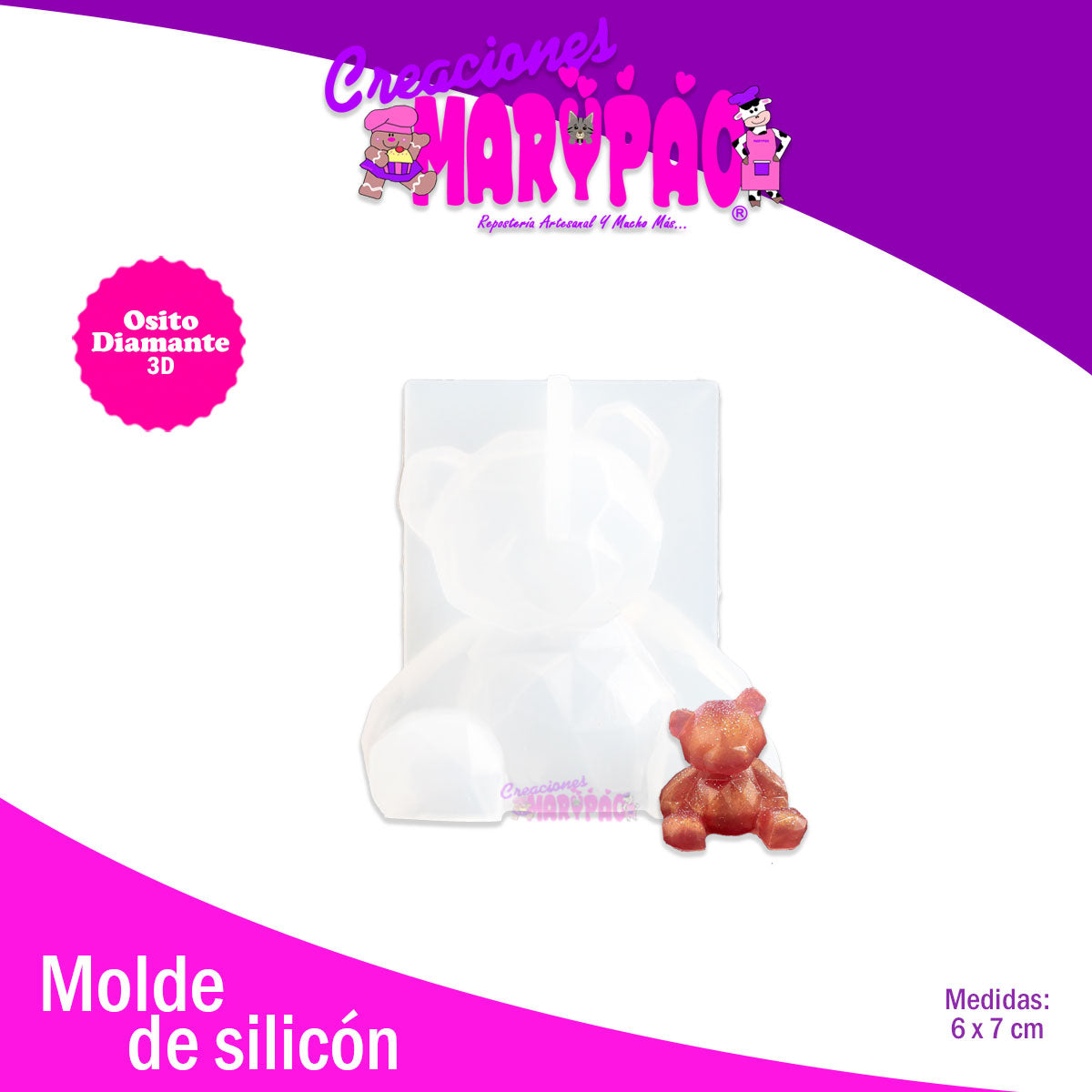 Molde De Silicón Osito Diamante Geométrico 3D - 7 cm