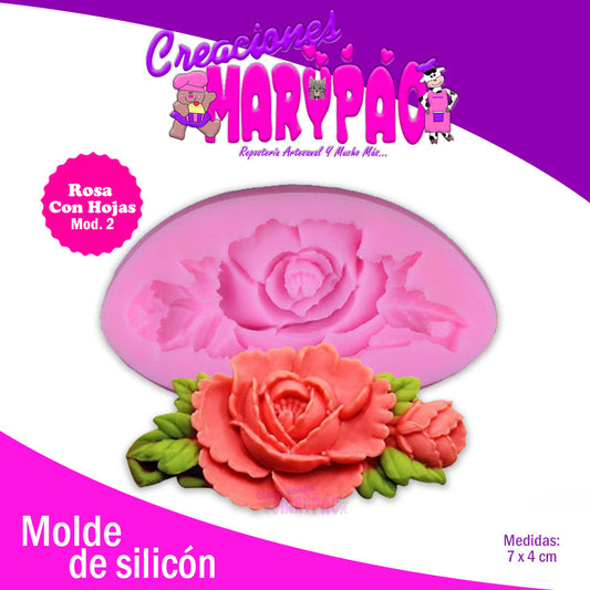 Molde De Silicón Flor Rosa Con Hojas Mod.2 - Creaciones Marypao