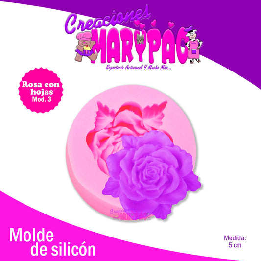Molde De Silicón Flor Rosa Con Hojas Mod 3 Fondant Pasta - Creaciones Marypao
