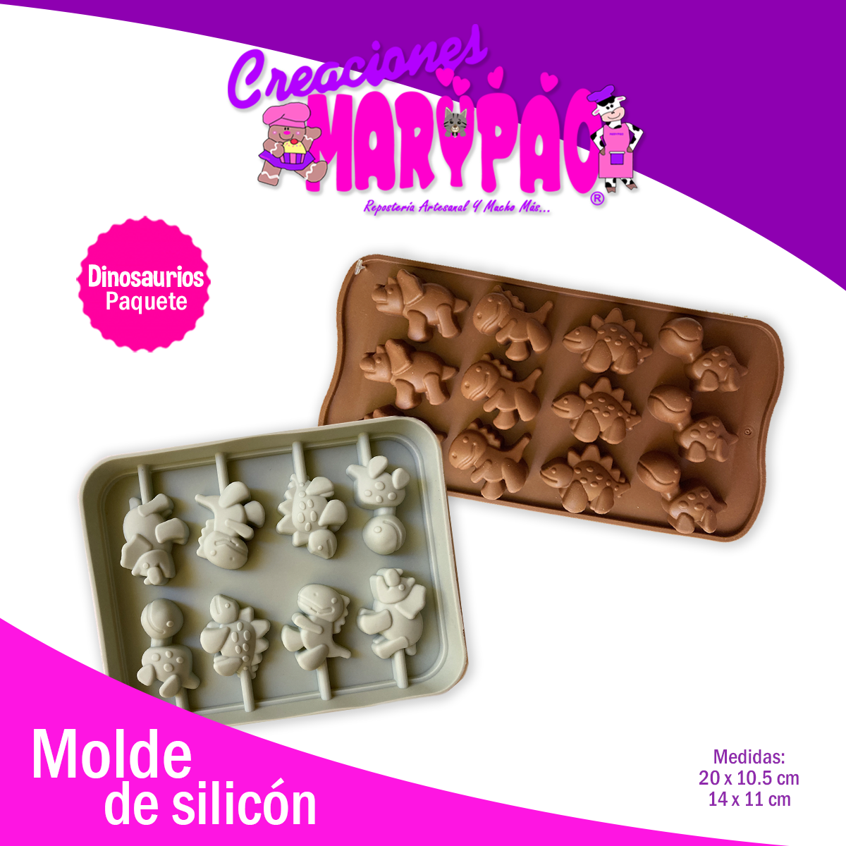 Molde De Silicón Dinosaurios Chocolate Gomita 2 Pzas