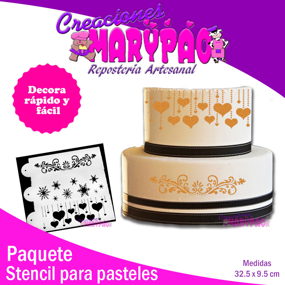 Stencils Para Pasteles Corazones, Copos, Grecas - 3 piezas - Creaciones Marypao