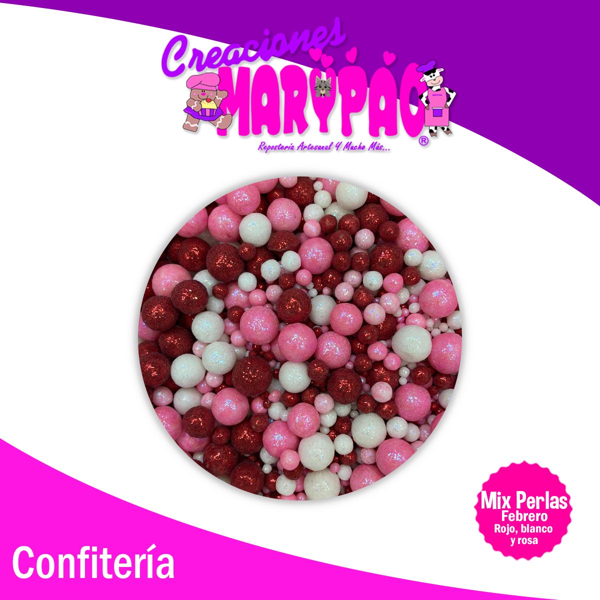 Perla Comestible Diamantada Mix Febrero Rojo, Blanco y Rosa