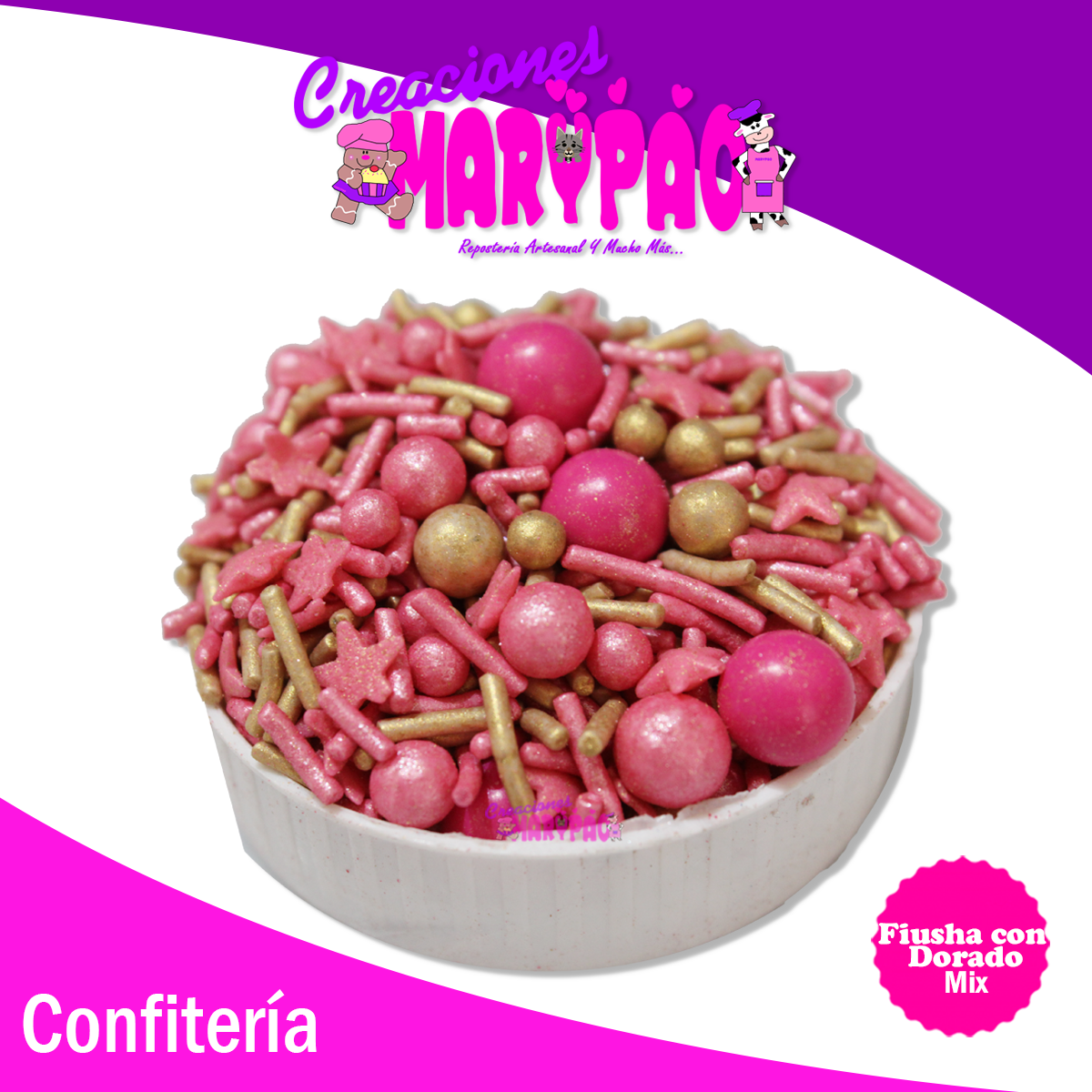 Sprinkles Comestibles Granillo Confeti Fiusha Con Dorado - Creaciones Marypao