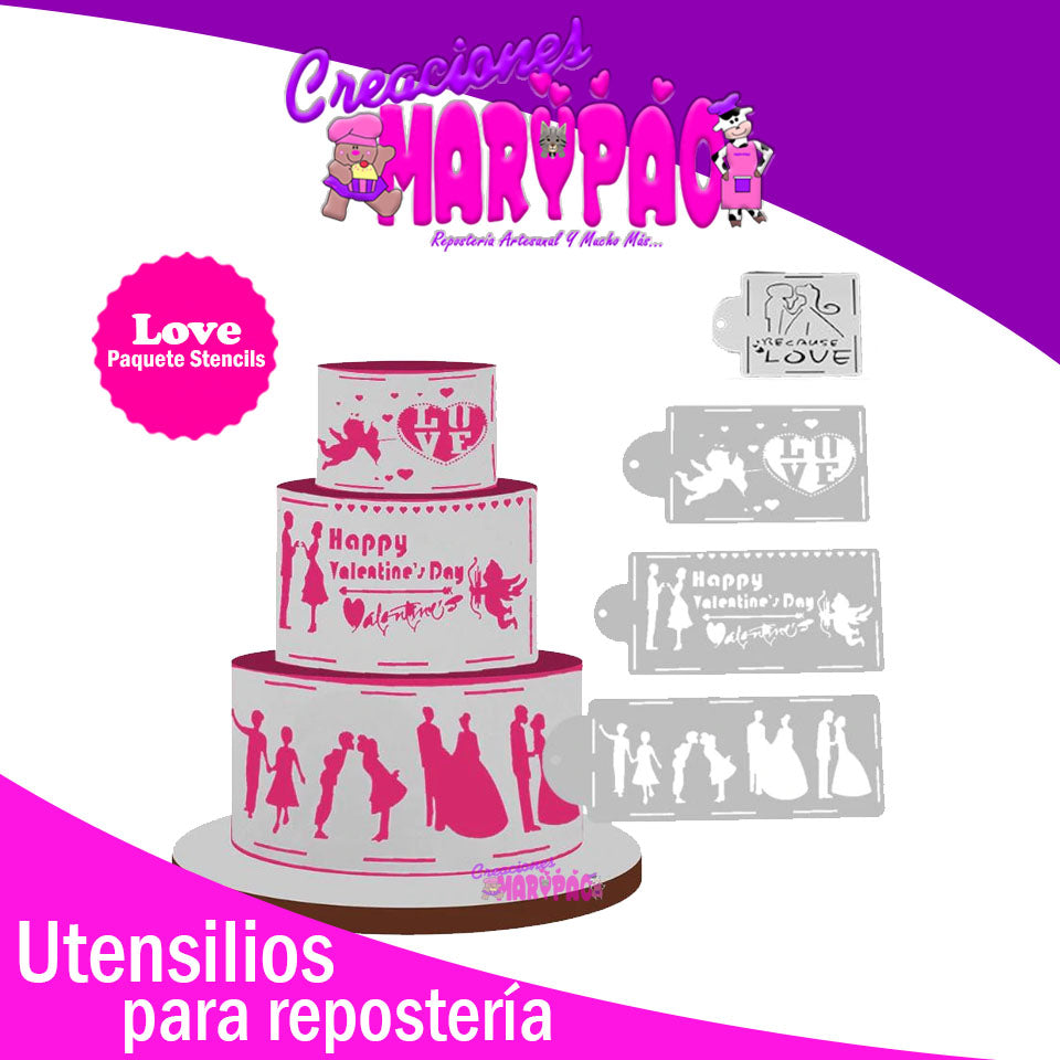 Stencils Amor 14 De Febrero Pasteles Paq. 4 pzas - Creaciones Marypao